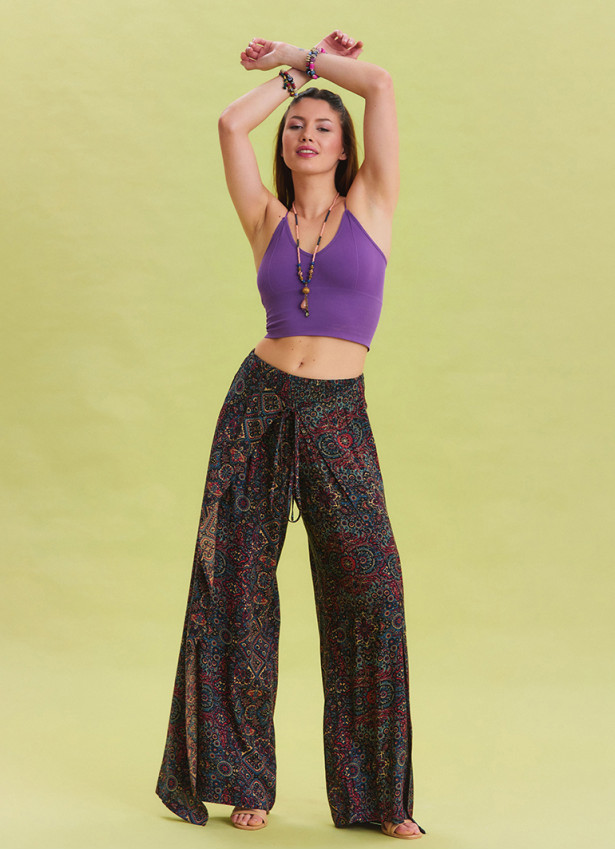 Indigo Bohemian Trousers with Elastic Waist and Tie Detail 4472